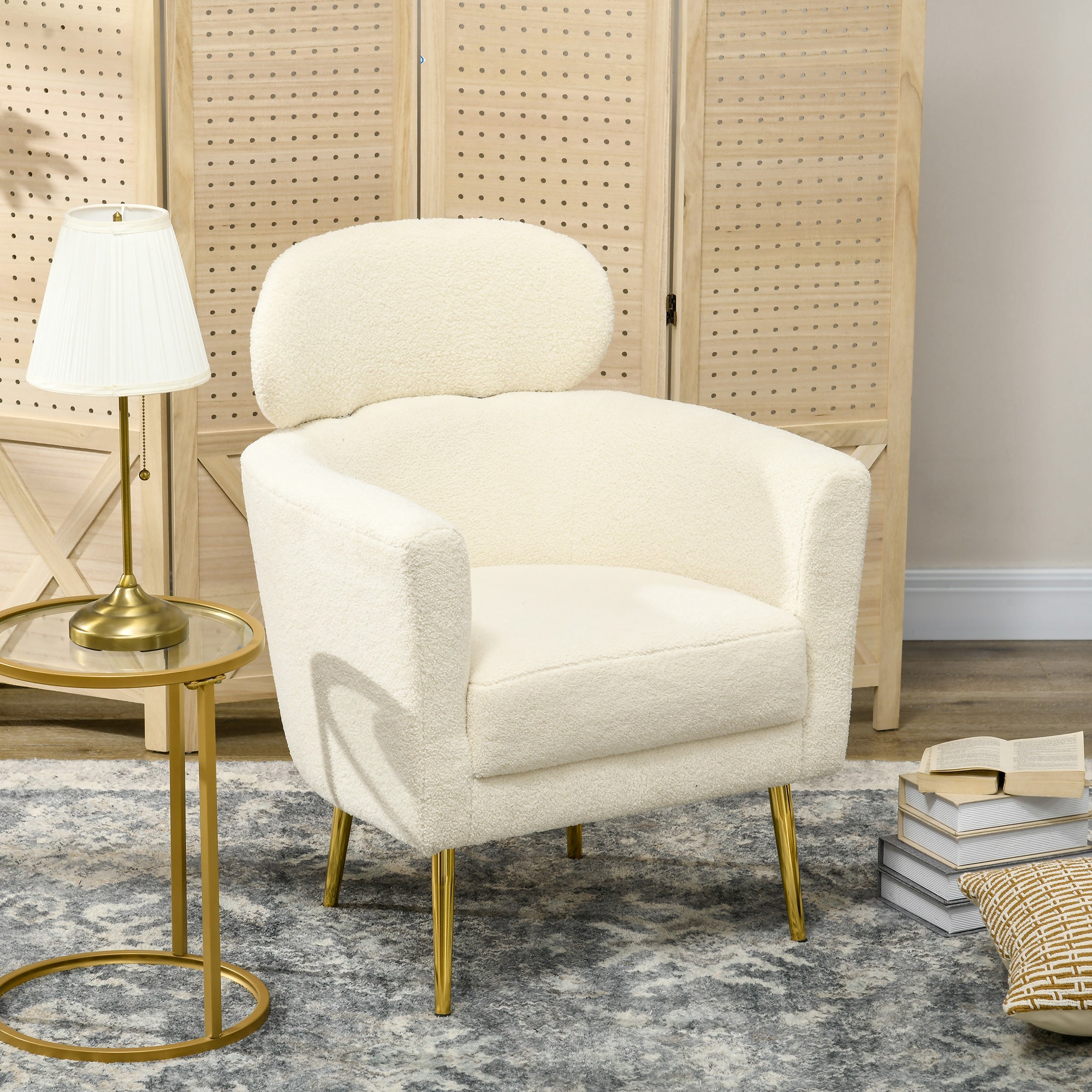 Living Room Armchair Single Seat Leisure Chair Upholstered in Fleece with Headrest and Metal Legs for Bedroom Office Room Load 125 kg Cream