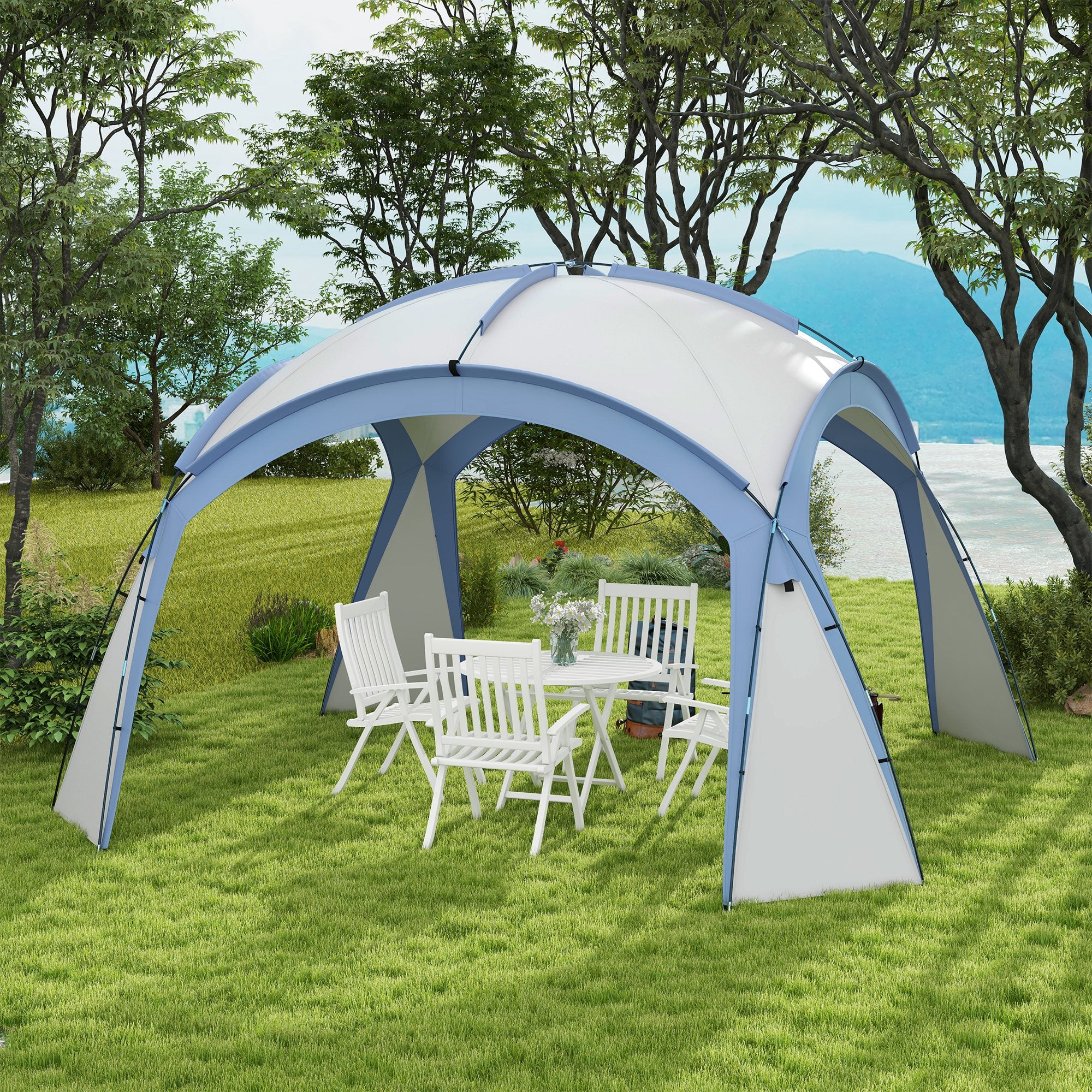 Event Shelter 3.5 x 3.5m Pavilion with Hook Door, Rain Protection with Sturdy Steel Poles, Garden Canopy with UV Protection, Party Tent Sunshade for Camping, Garden Festivals Light Blue