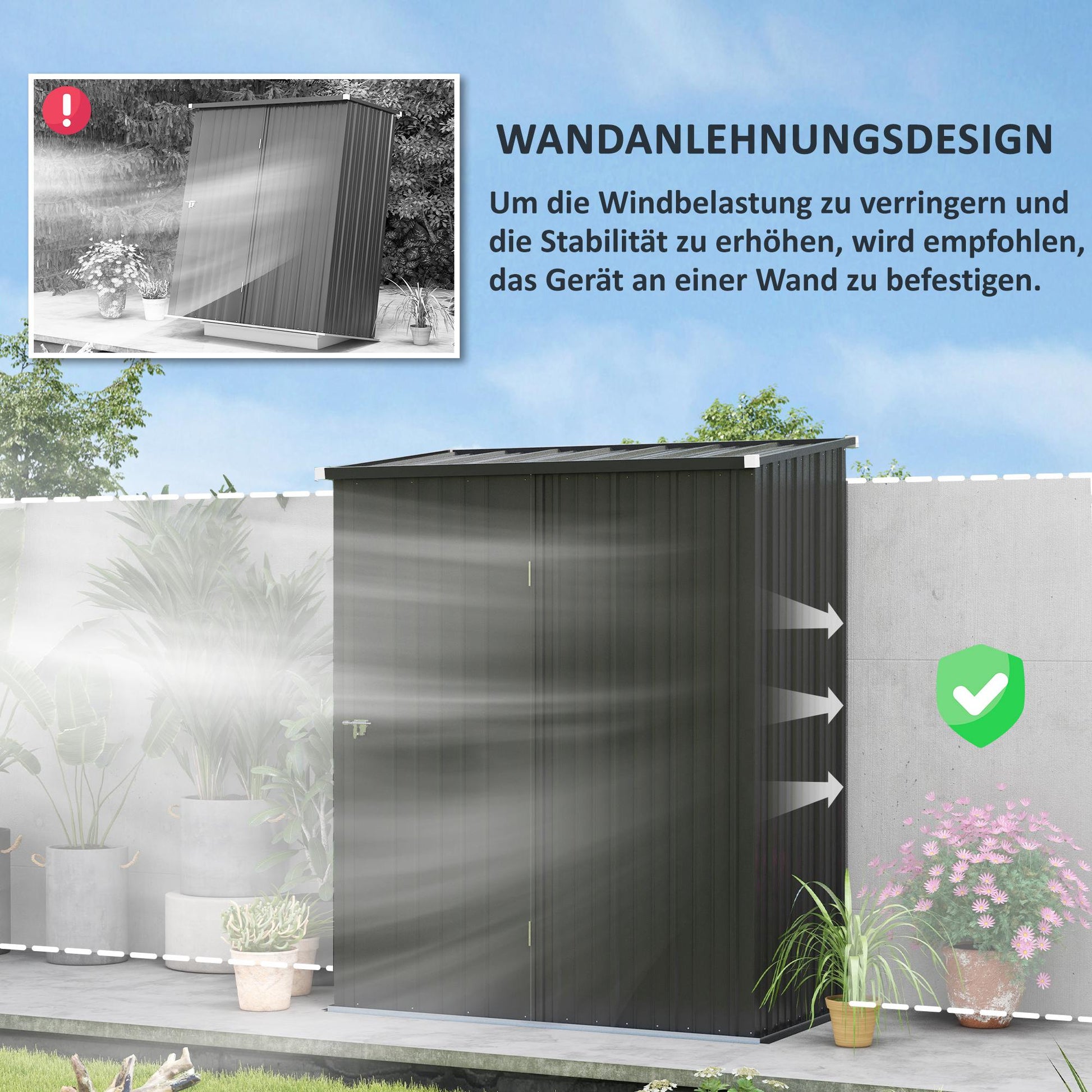 Utility Shed with Pent Roof 1.34m² Garden House Tool Shed Lockable Utility Cabinet Galvanized Steel Black 161.5 x 94.5 x 196 cm