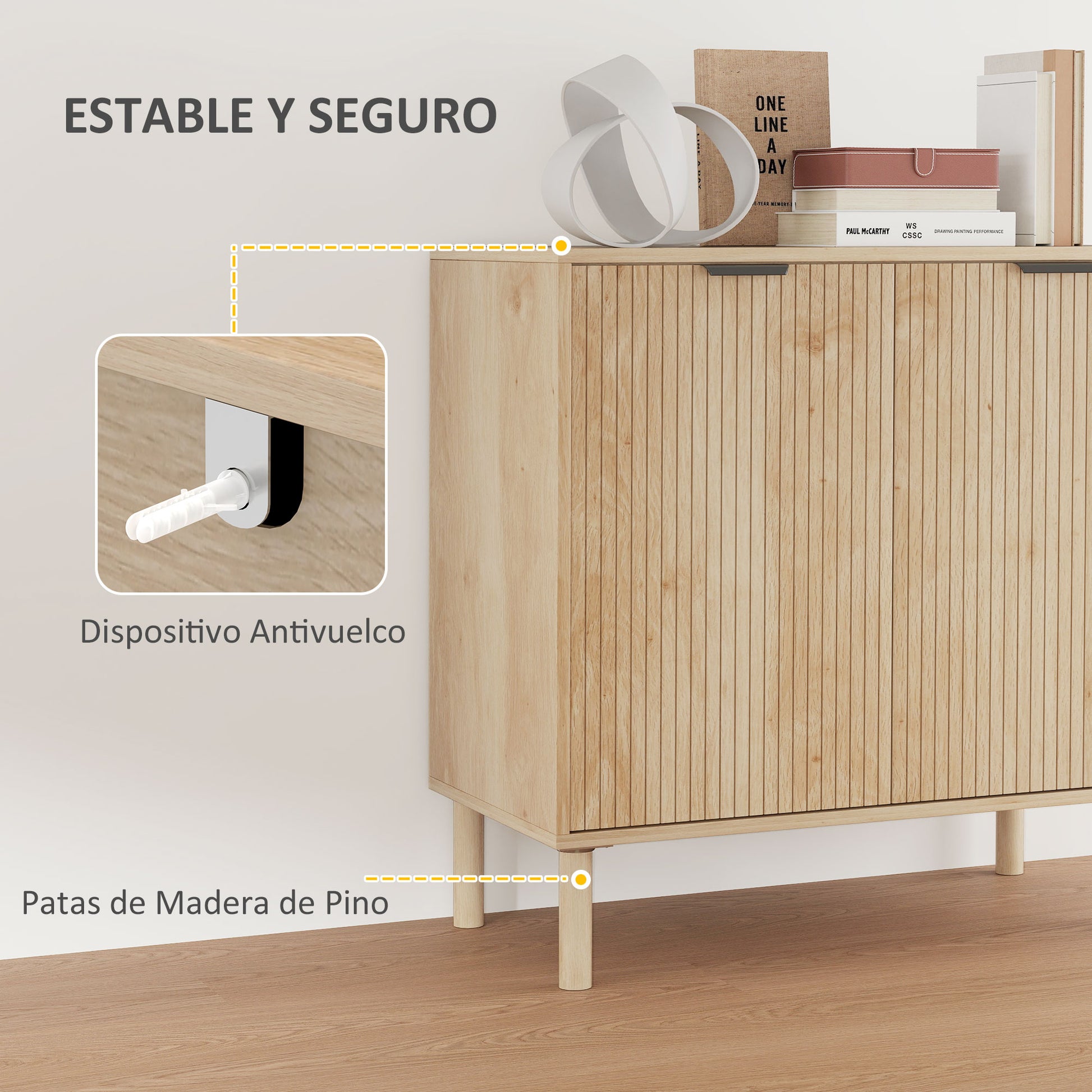 Living Room Sideboard with Adjustable Shelf, 2 Doors, Anti-tipping System, and Pine Wood Legs for Dining Room Hallway 78x40x77.5 cm Oak