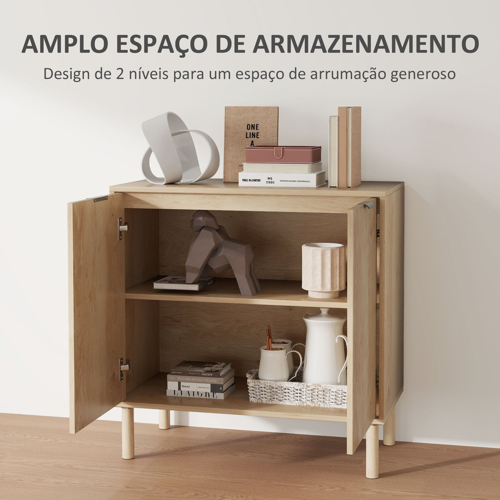 Living Room Sideboard with Adjustable Shelf, 2 Doors, Anti-tipping System, and Pine Wood Legs for Dining Room Hallway 78x40x77.5 cm Oak