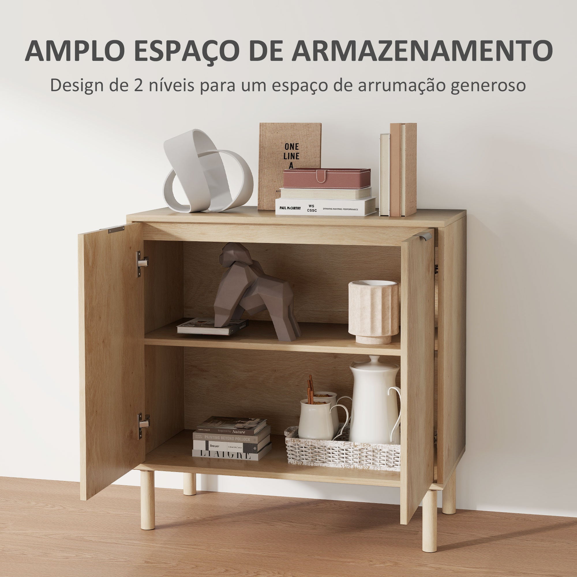 Living Room Sideboard with Adjustable Shelf, 2 Doors, Anti-tipping System, and Pine Wood Legs for Dining Room Hallway 78x40x77.5 cm Oak