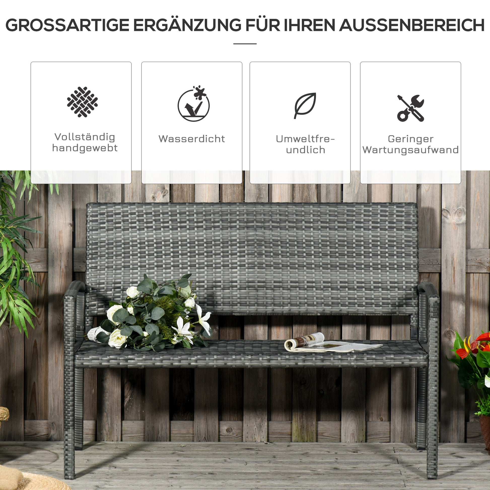 Garden Bench Polyrattan 2-Seater UV-Resistant Bench with Ergonomic Armrests Backrest Garden Furniture Park Bench up to 240kg Loadable Balcony Bench for Garden Terrace, 122x60x85cm, Gray