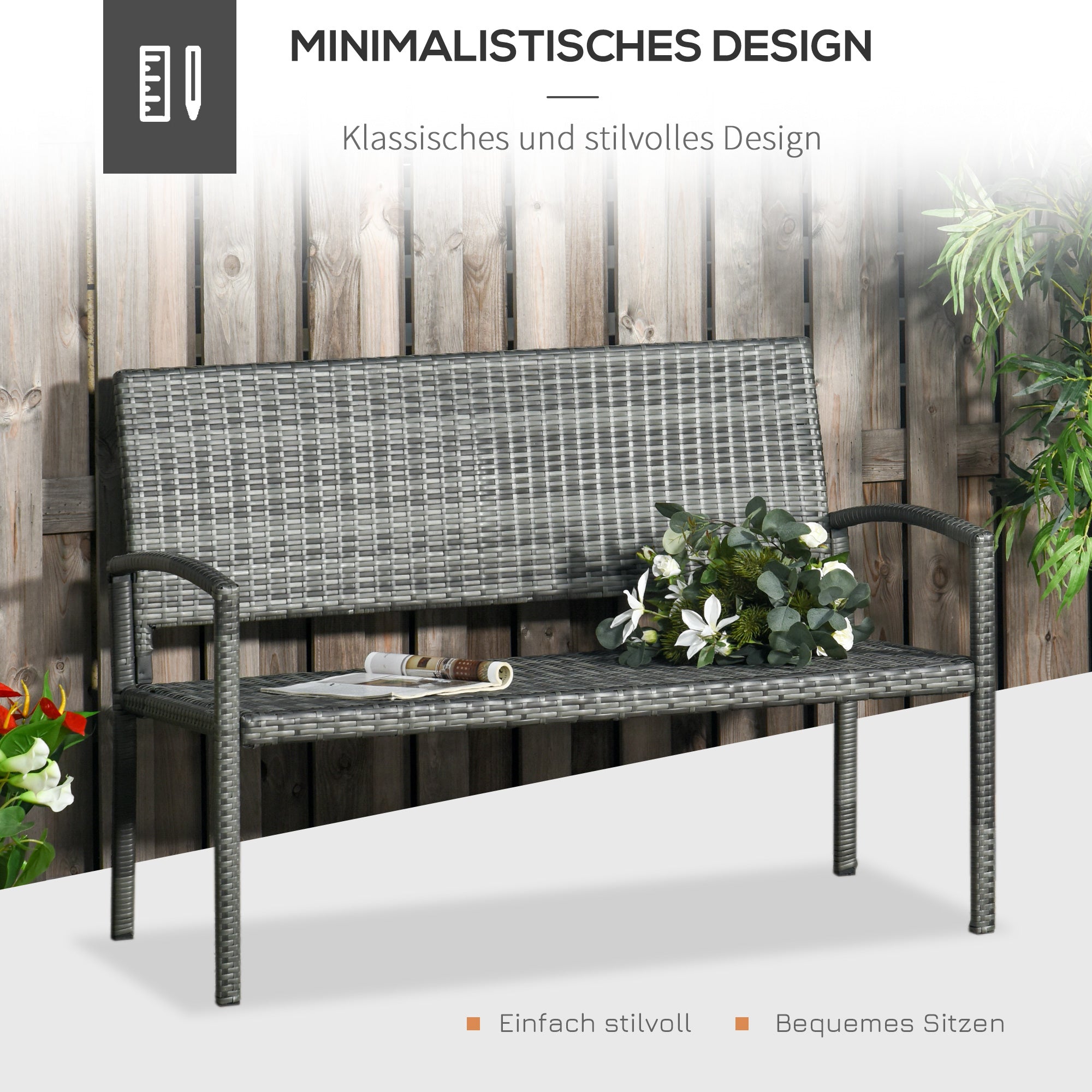 Garden Bench Polyrattan 2-Seater UV-Resistant Bench with Ergonomic Armrests Backrest Garden Furniture Park Bench up to 240kg Loadable Balcony Bench for Garden Terrace, 122x60x85cm, Gray