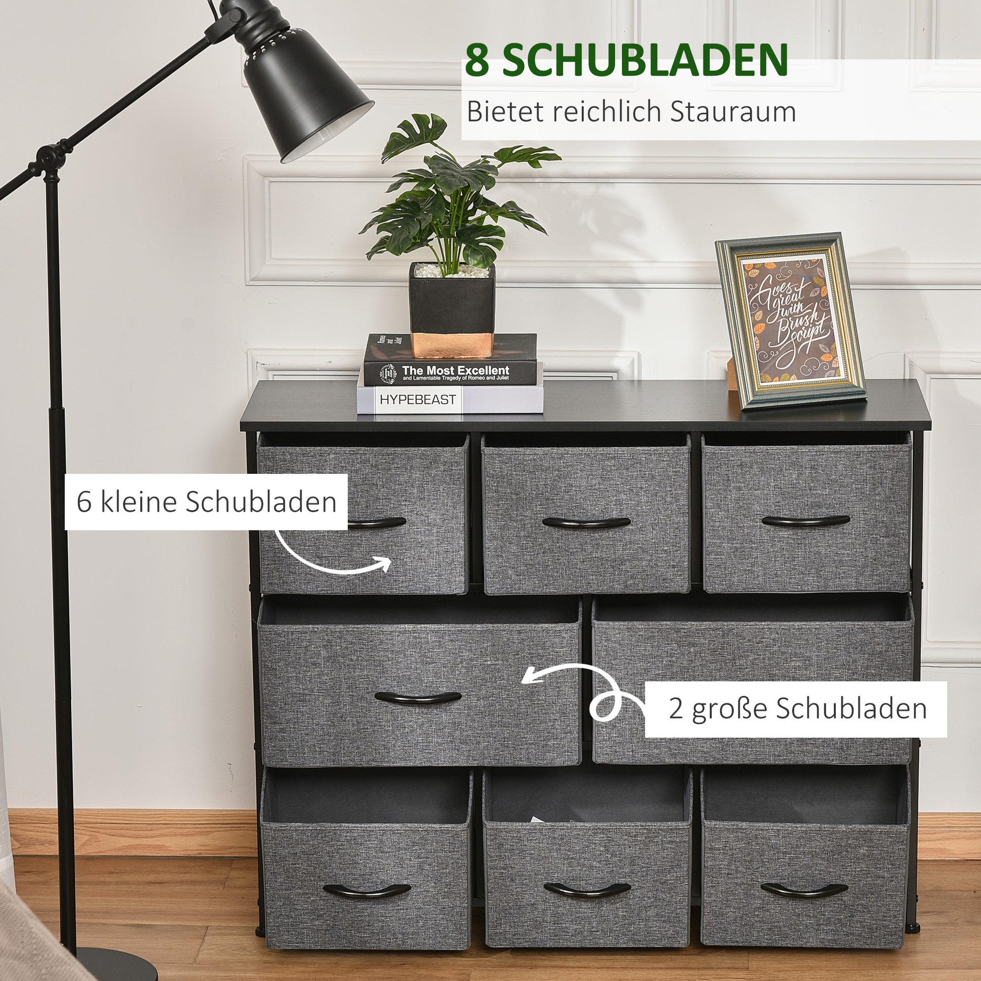 Dresser with 8 Fabric Drawers Storage Cabinet Dresser with Handles, Metal Frame, Modern Design Cabinet for Bedroom, Living Room in Dark Gray