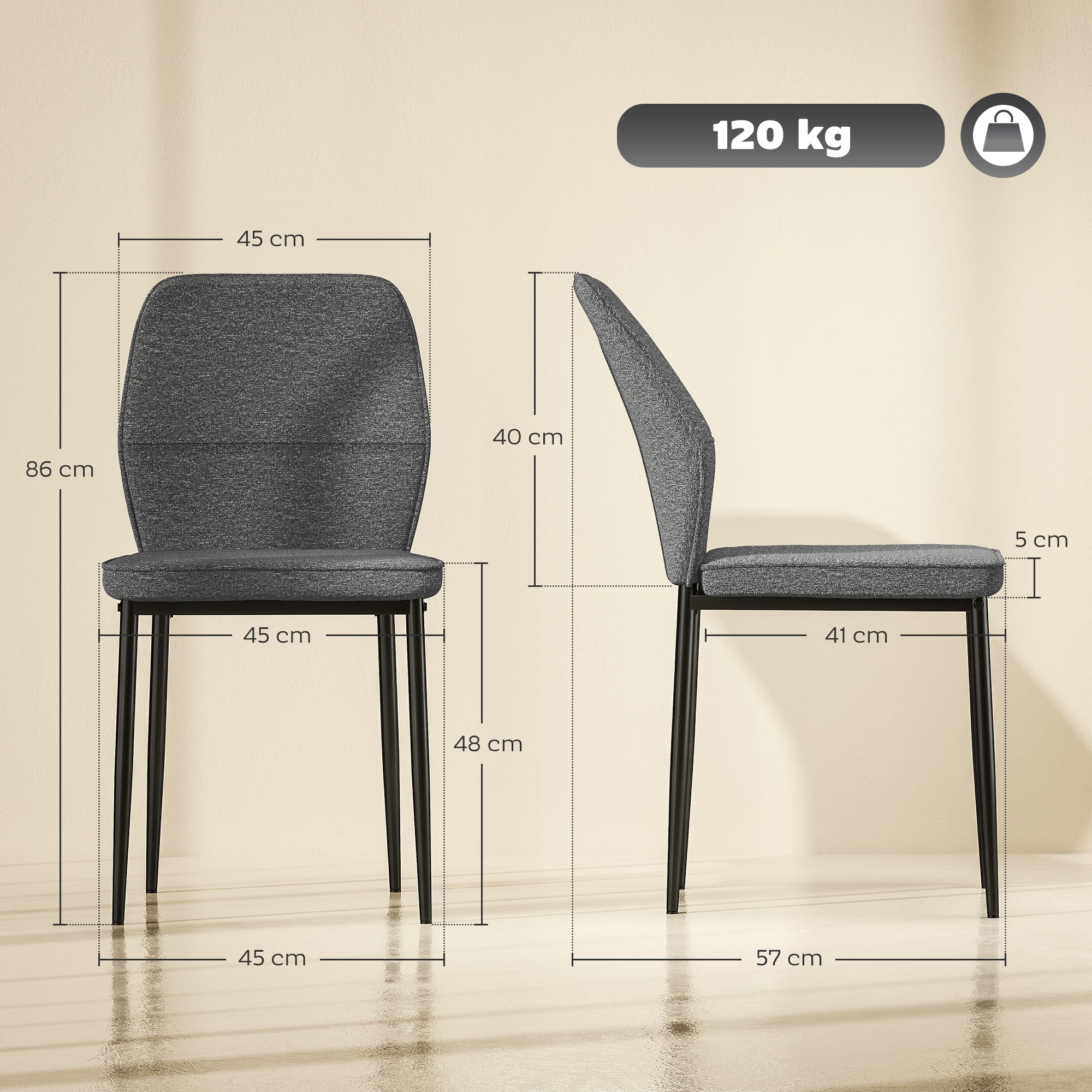 Set of 2 Modern Dining Chairs Kitchen Chairs with Padded Seat and Upholstered Curved Backrest Steel Legs for Living Room Bedroom Gray