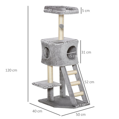 120 cm Scratching Tree Cat Tower with Cave, Play Ball, Sisal Posts, Platform, Stairs, Multi-Level Cat Scratching Tree, Climbing Tree for Cats, Light Gray