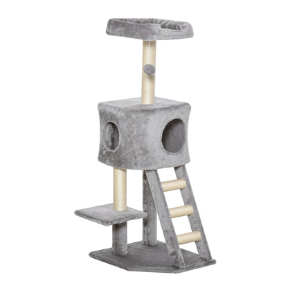 120 cm Scratching Tree Cat Tower with Cave, Play Ball, Sisal Posts, Platform, Stairs, Multi-Level Cat Scratching Tree, Climbing Tree for Cats, Light Gray