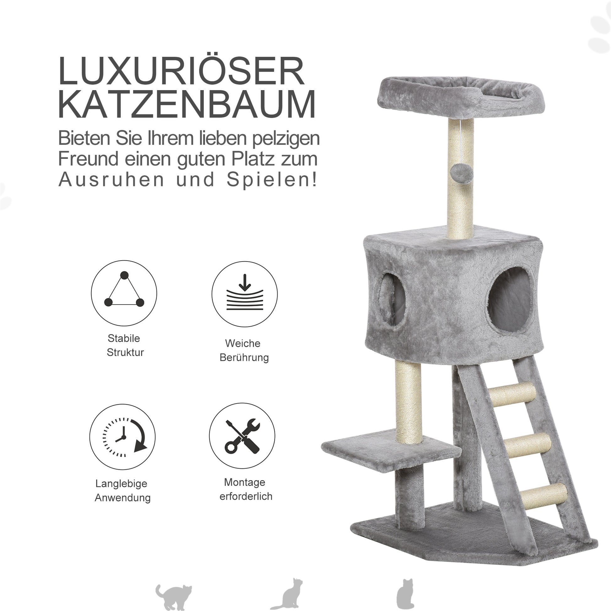 120 cm Scratching Tree Cat Tower with Cave, Play Ball, Sisal Posts, Platform, Stairs, Multi-Level Cat Scratching Tree, Climbing Tree for Cats, Light Gray