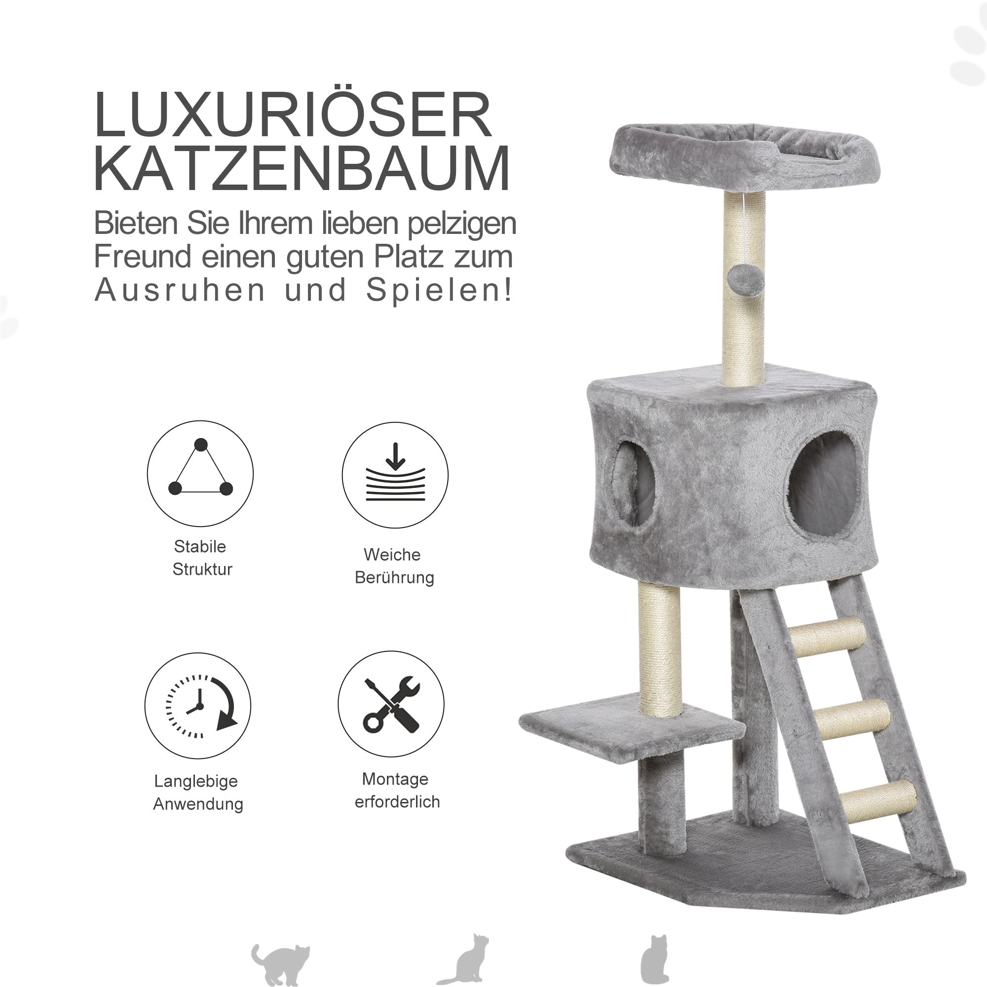 120 cm Scratching Tree Cat Tower with Cave, Play Ball, Sisal Posts, Platform, Stairs, Multi-Level Cat Scratching Tree, Climbing Tree for Cats, Light Gray