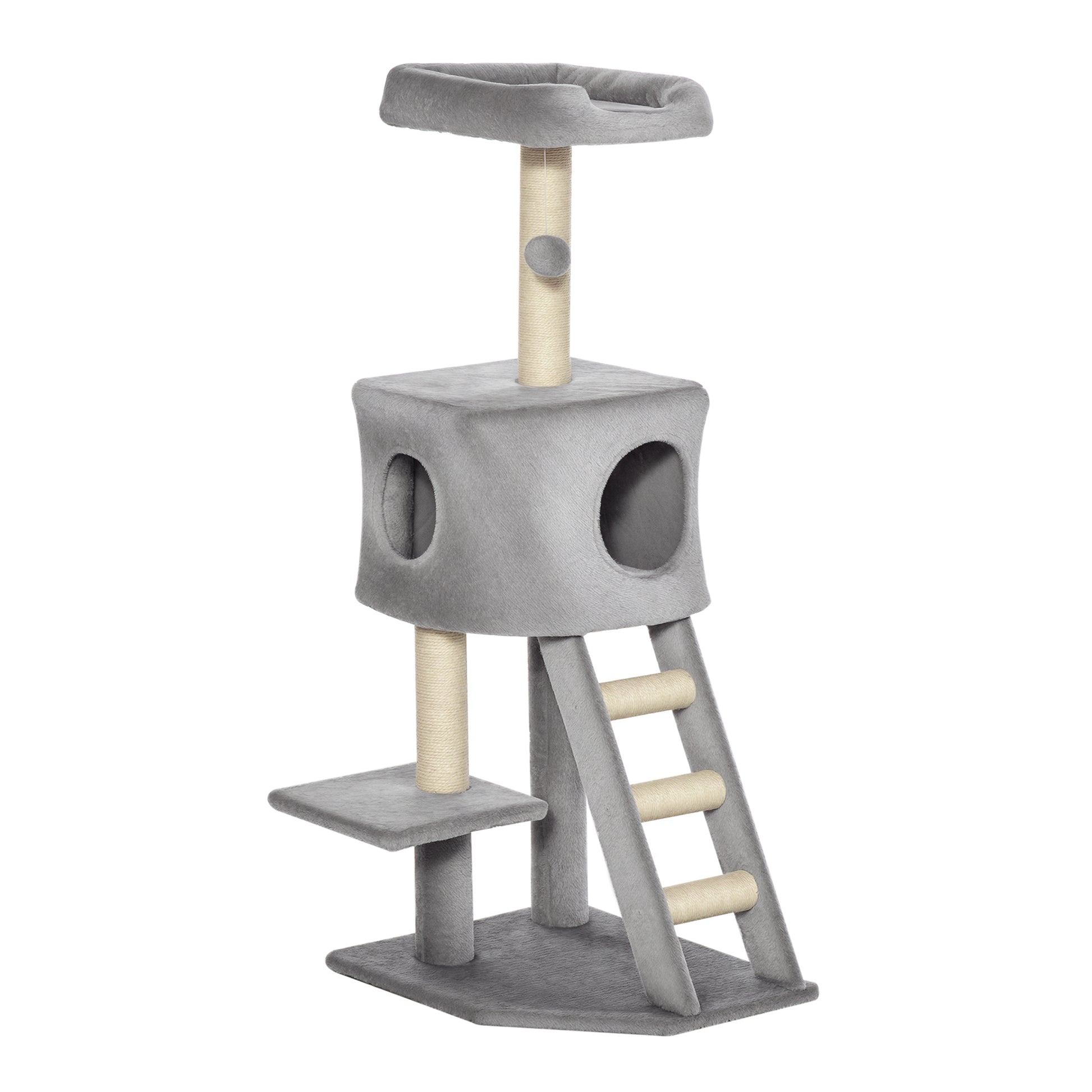 120 cm Scratching Tree Cat Tower with Cave, Play Ball, Sisal Posts, Platform, Stairs, Multi-Level Cat Scratching Tree, Climbing Tree for Cats, Light Gray