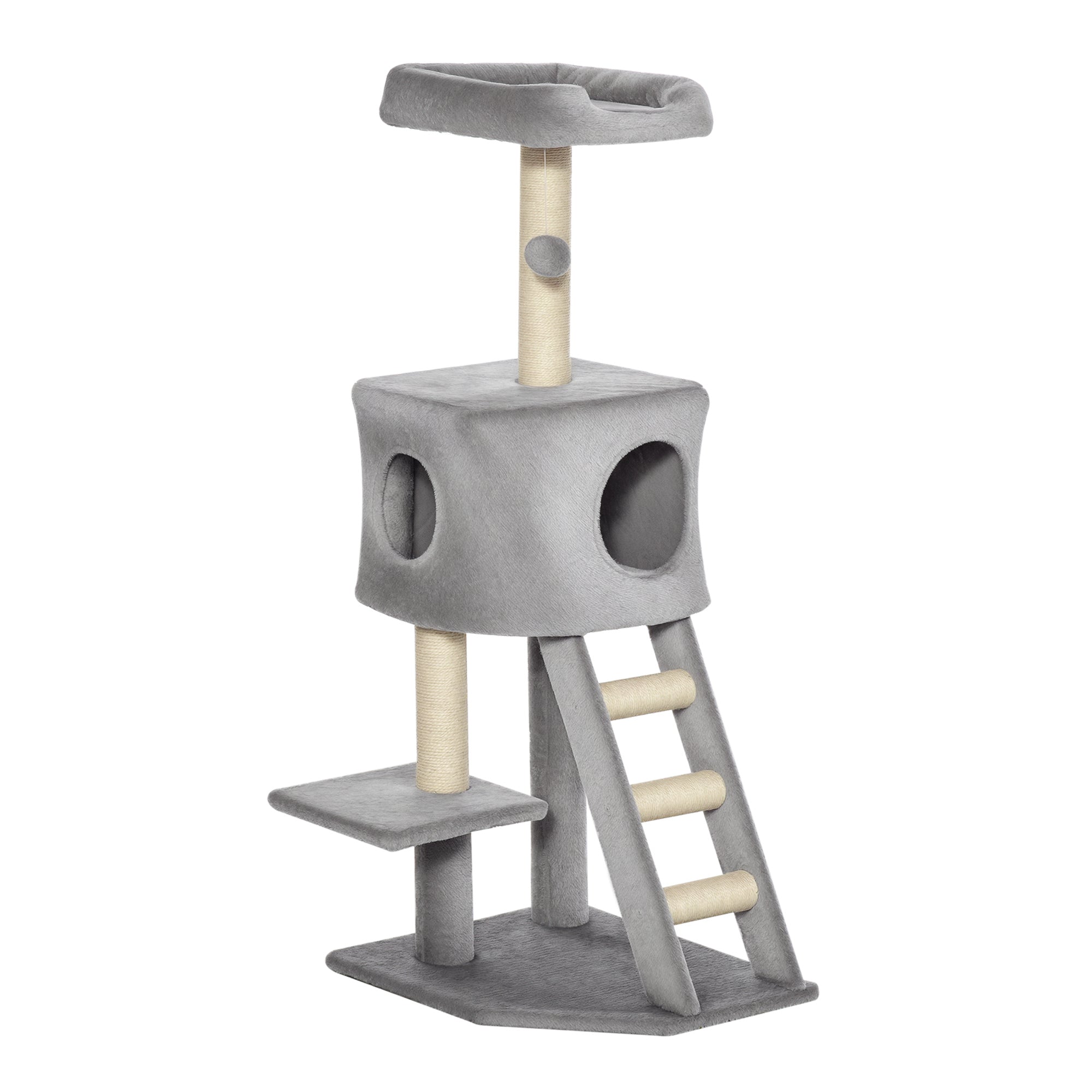 120 cm Scratching Tree Cat Tower with Cave, Play Ball, Sisal Posts, Platform, Stairs, Multi-Level Cat Scratching Tree, Climbing Tree for Cats, Light Gray