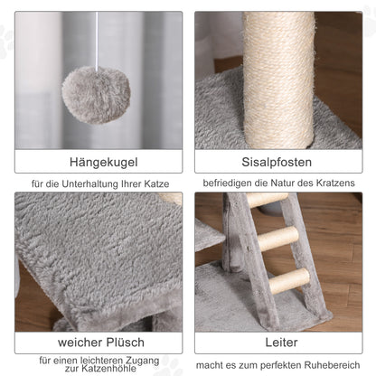 120 cm Scratching Tree Cat Tower with Cave, Play Ball, Sisal Posts, Platform, Stairs, Multi-Level Cat Scratching Tree, Climbing Tree for Cats, Light Gray
