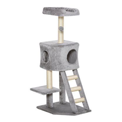 120 cm Scratching Tree Cat Tower with Cave, Play Ball, Sisal Posts, Platform, Stairs, Multi-Level Cat Scratching Tree, Climbing Tree for Cats, Light Gray
