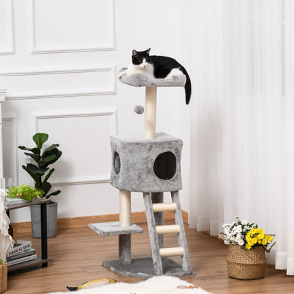 120 cm Scratching Tree Cat Tower with Cave, Play Ball, Sisal Posts, Platform, Stairs, Multi-Level Cat Scratching Tree, Climbing Tree for Cats, Light Gray