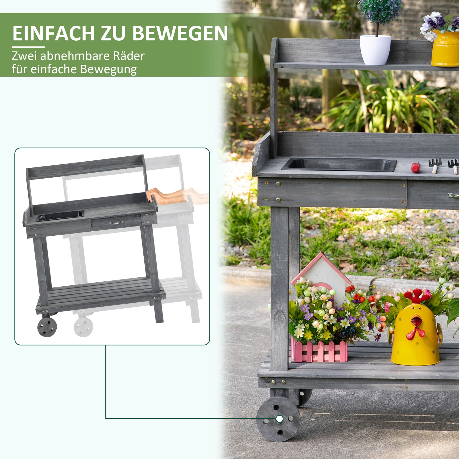 Planting Table with Drawer 2 Levels Gardening Table with Sink and Wheels Garden Fir Wood Gray 92 x 45 x 119 cm