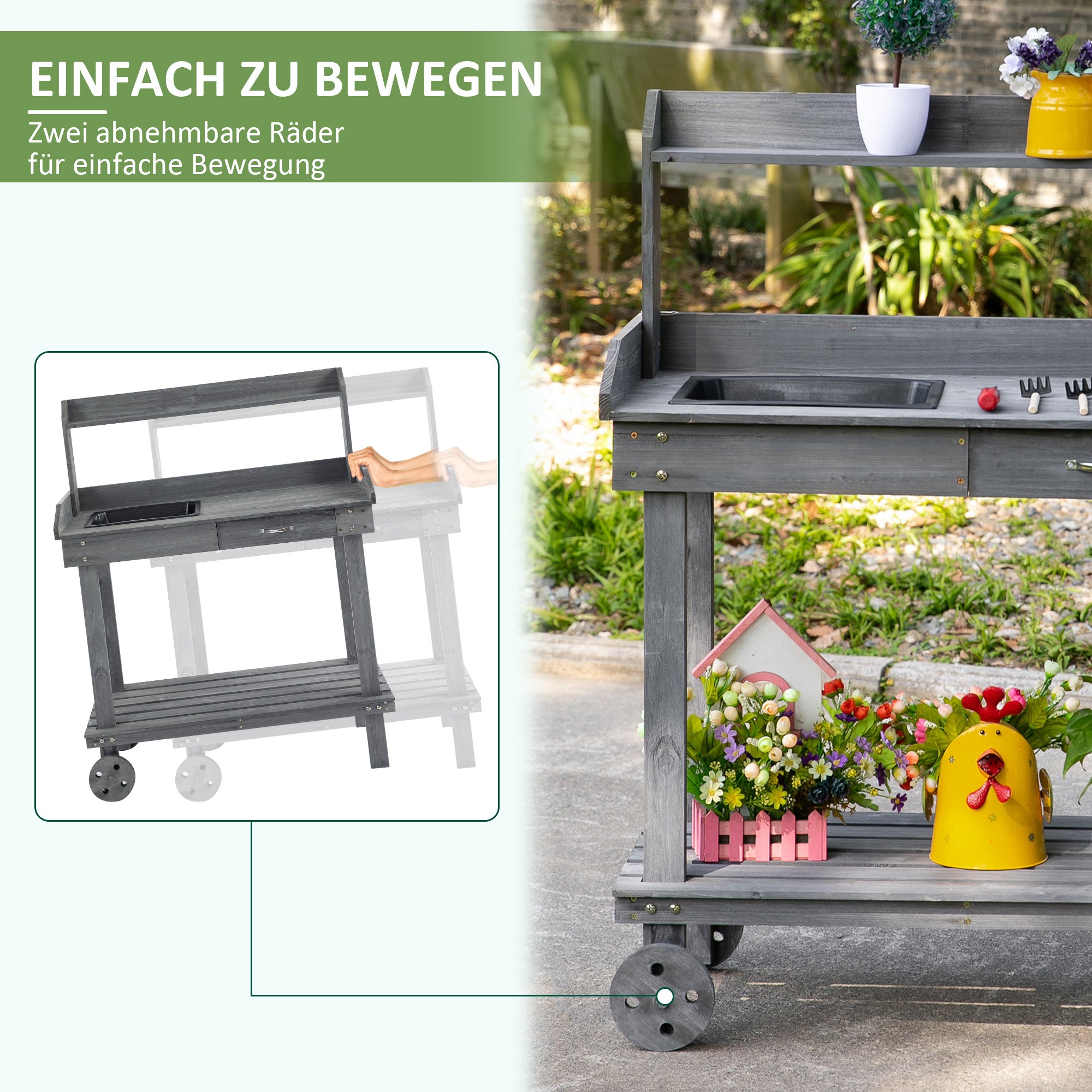 Planting Table with Drawer 2 Levels Gardening Table with Sink and Wheels Garden Fir Wood Gray 92 x 45 x 119 cm