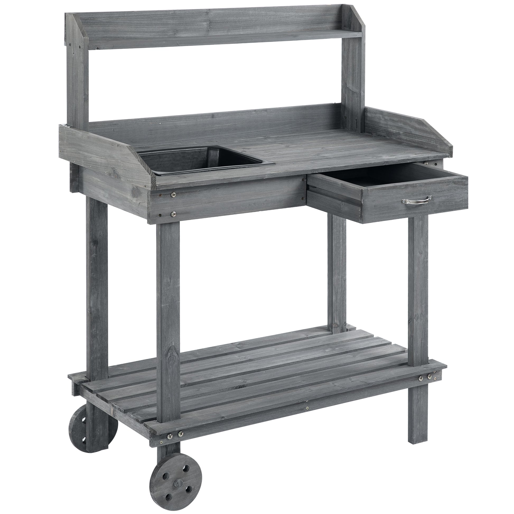 Planting Table with Drawer 2 Levels Gardening Table with Sink and Wheels Garden Fir Wood Gray 92 x 45 x 119 cm