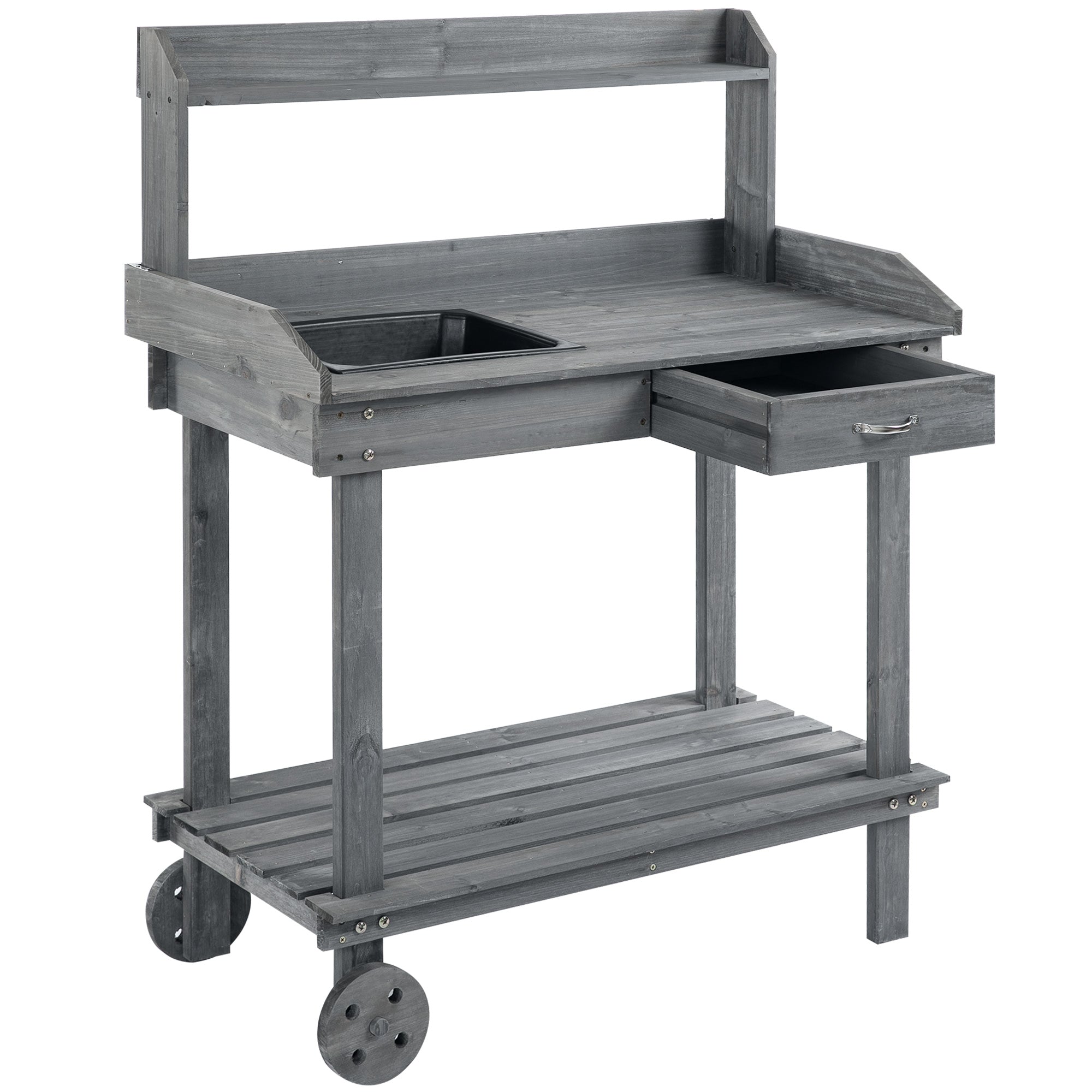 Planting Table with Drawer 2 Levels Gardening Table with Sink and Wheels Garden Fir Wood Gray 92 x 45 x 119 cm