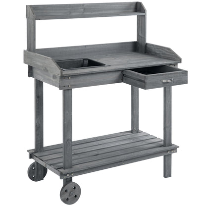 Planting Table with Drawer 2 Levels Gardening Table with Sink and Wheels Garden Fir Wood Gray 92 x 45 x 119 cm