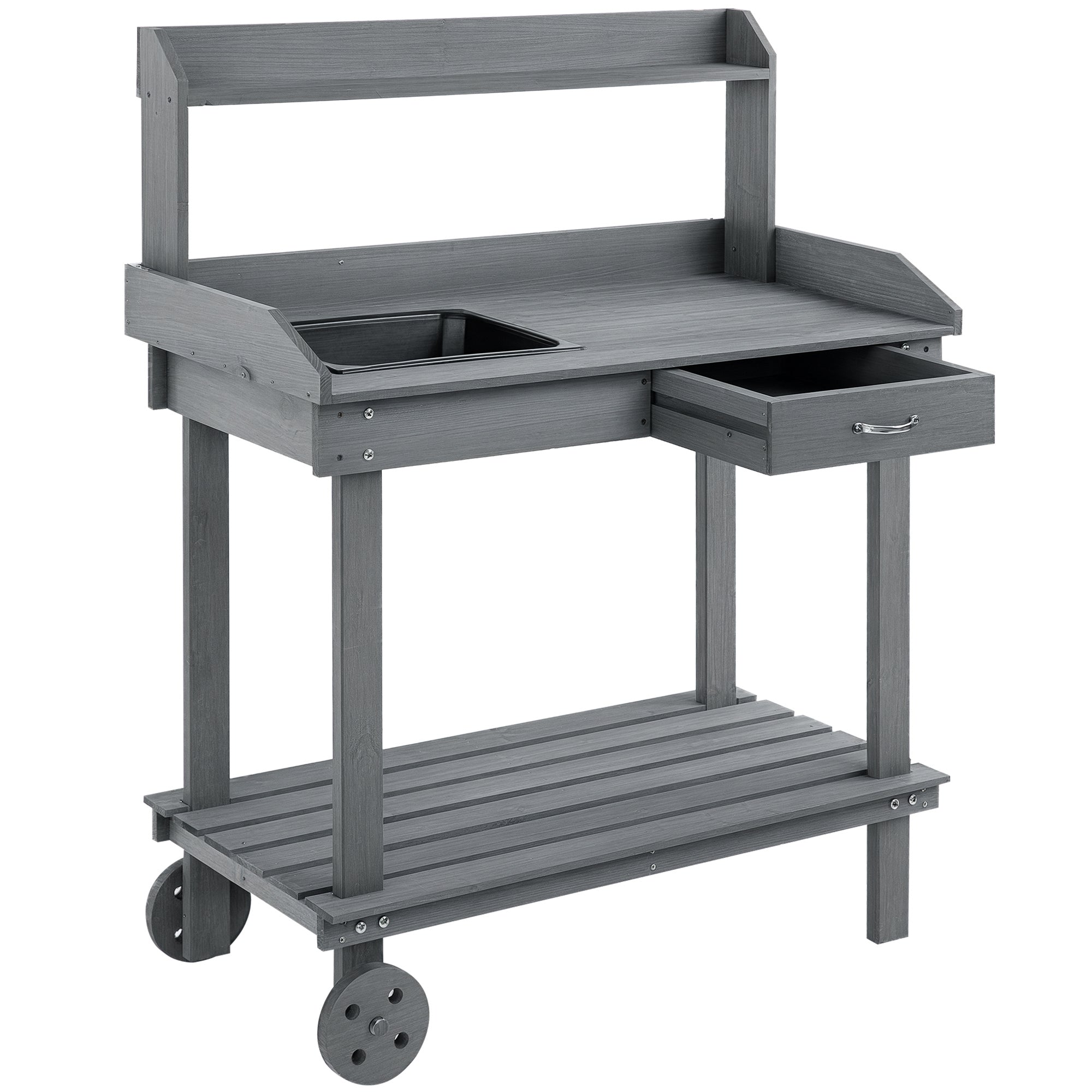 Planting Table with Drawer 2 Levels Gardening Table with Sink and Wheels Garden Fir Wood Gray 92 x 45 x 119 cm