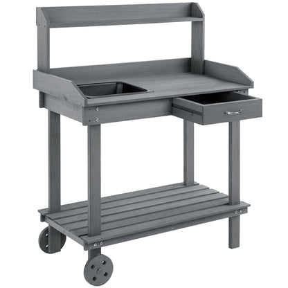 Planting Table with Drawer 2 Levels Gardening Table with Sink and Wheels Garden Fir Wood Gray 92 x 45 x 119 cm