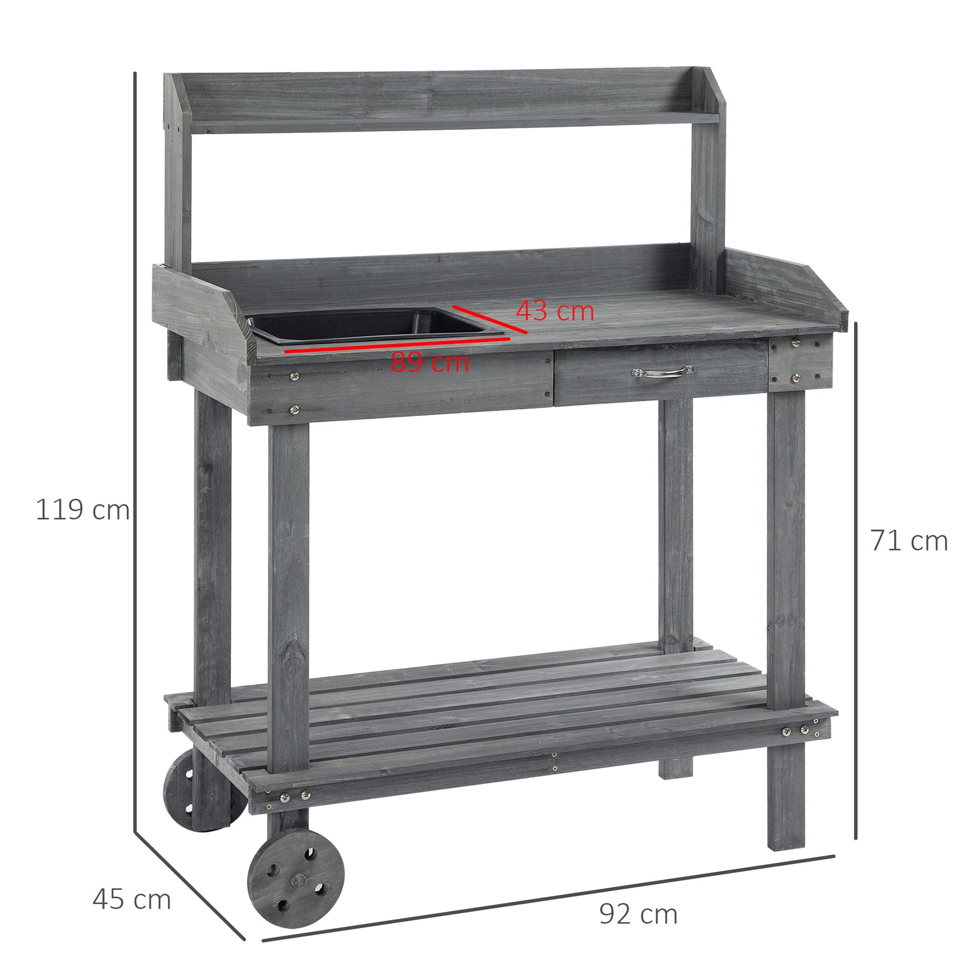 Planting Table with Drawer 2 Levels Gardening Table with Sink and Wheels Garden Fir Wood Gray 92 x 45 x 119 cm