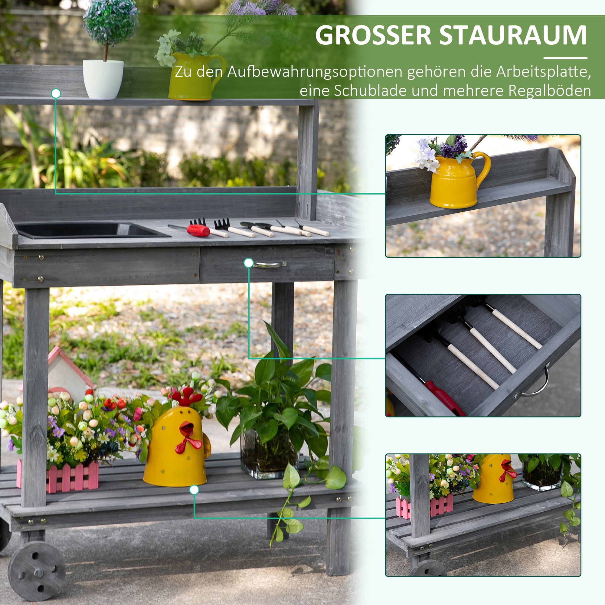 Planting Table with Drawer 2 Levels Gardening Table with Sink and Wheels Garden Fir Wood Gray 92 x 45 x 119 cm