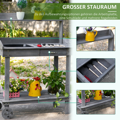 Planting Table with Drawer 2 Levels Gardening Table with Sink and Wheels Garden Fir Wood Gray 92 x 45 x 119 cm