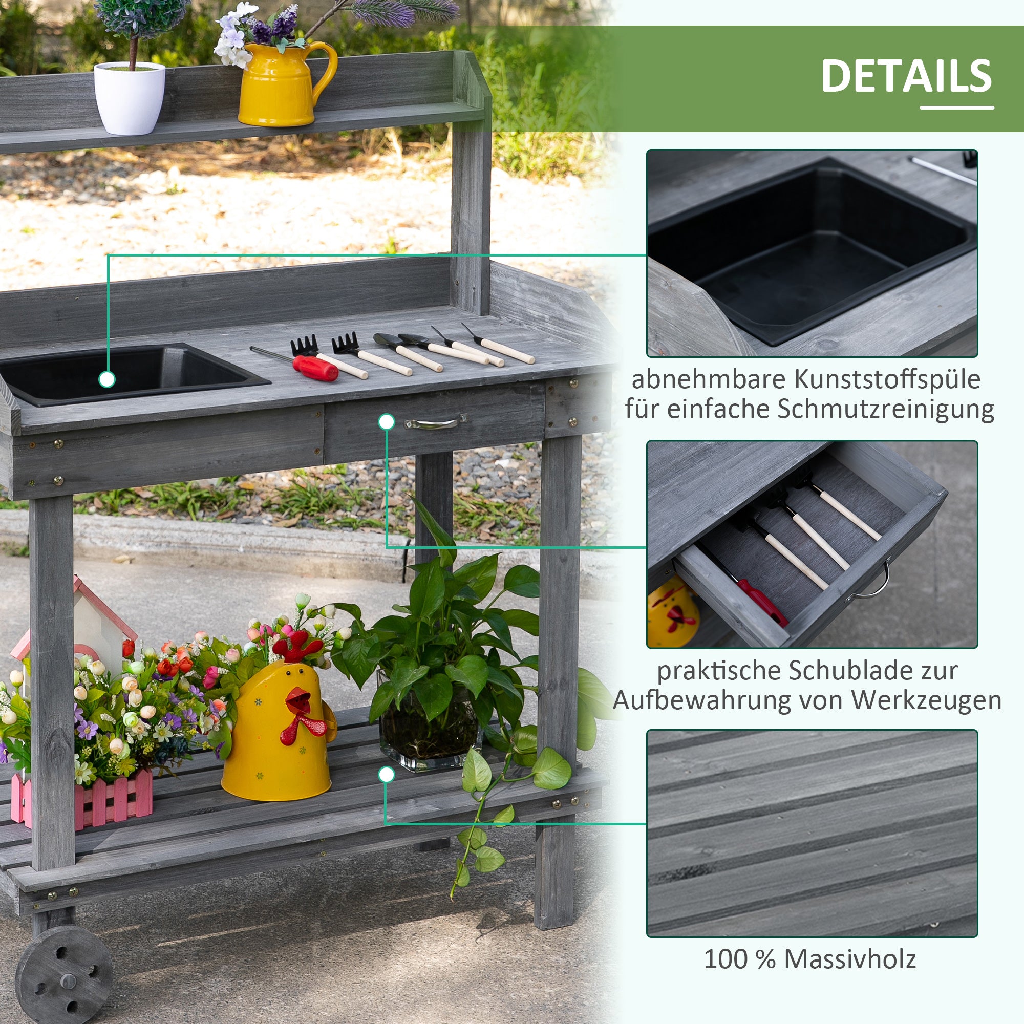 Planting Table with Drawer 2 Levels Gardening Table with Sink and Wheels Garden Fir Wood Gray 92 x 45 x 119 cm