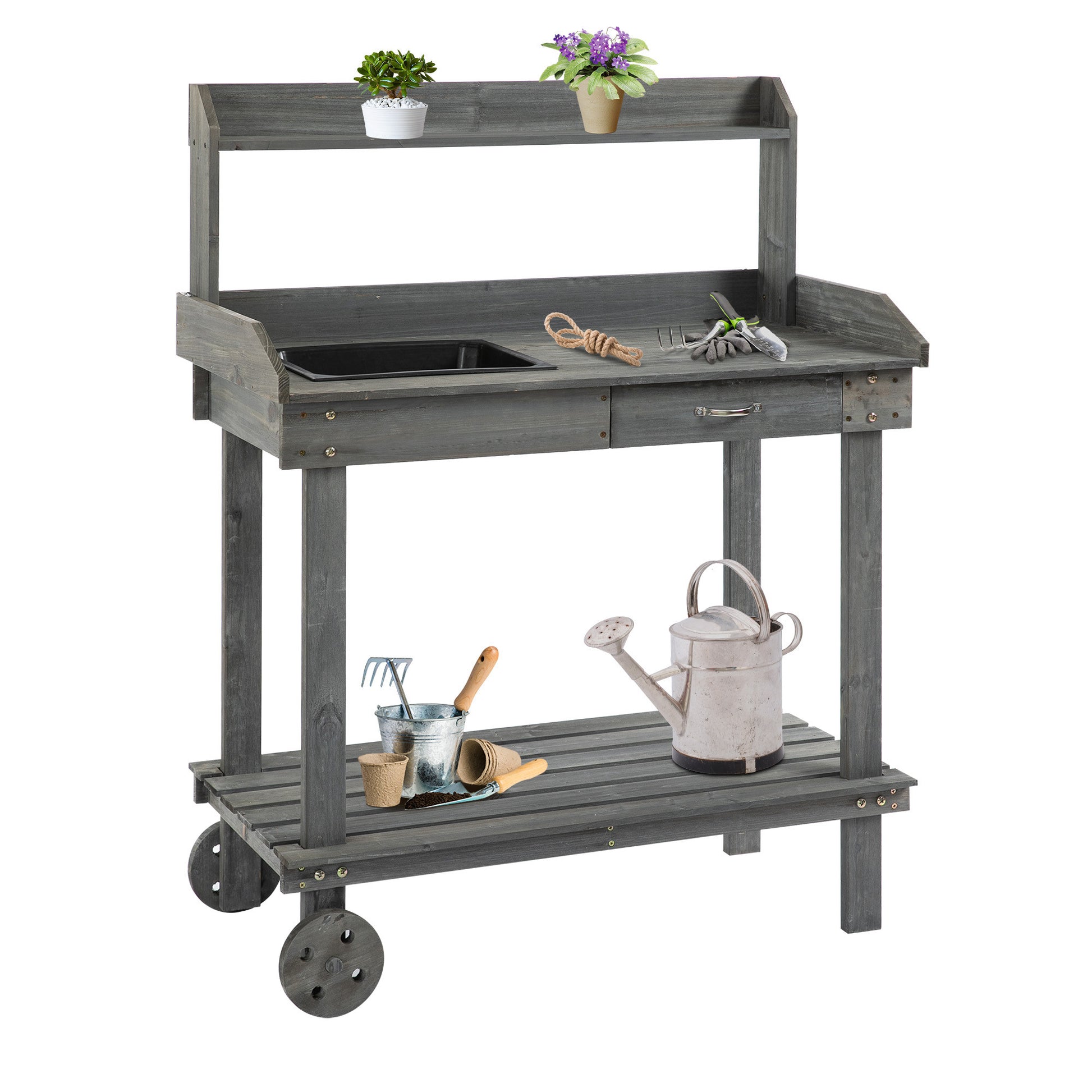 Planting Table with Drawer 2 Levels Gardening Table with Sink and Wheels Garden Fir Wood Gray 92 x 45 x 119 cm
