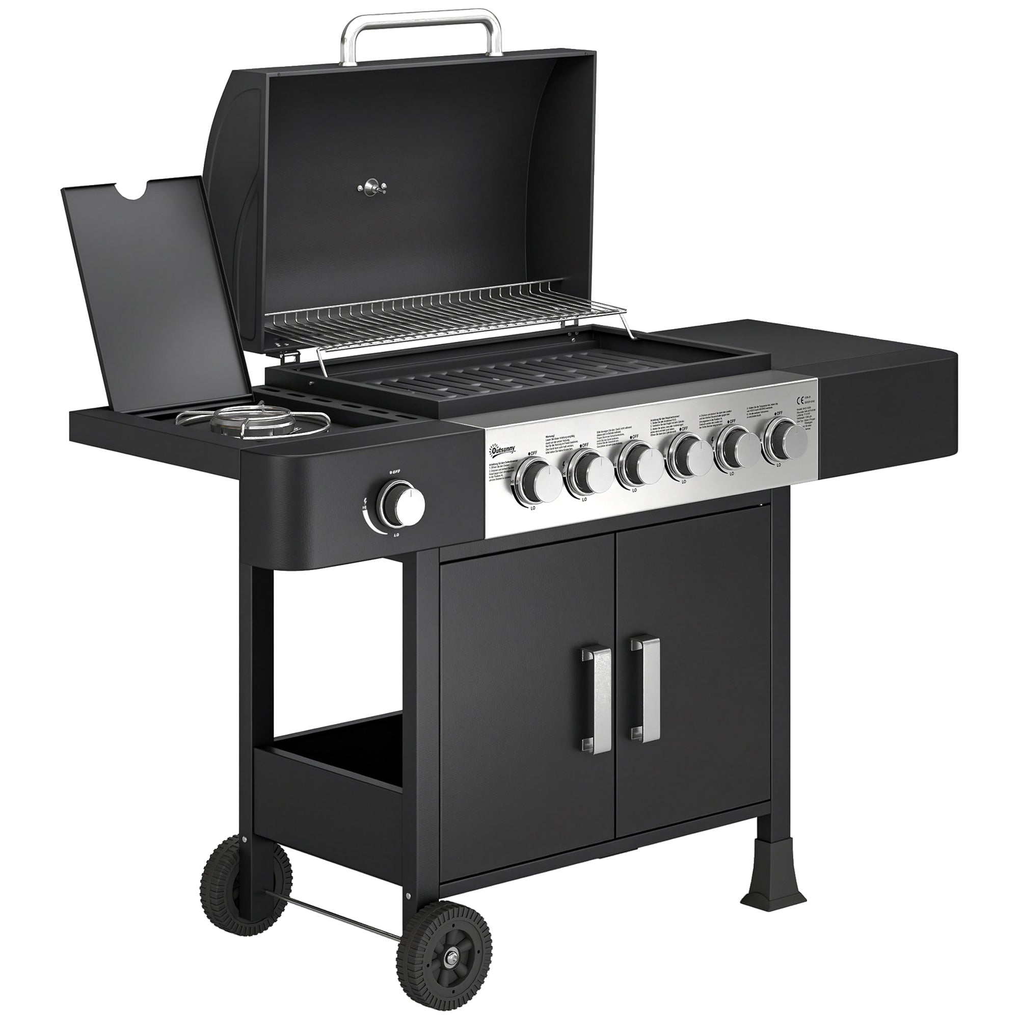 17.8 kW (≈60,700 BTU) 6+1-Burner Stainless Steel Gas Grill Cart with Side Burner, Thermometer, Enamel Grates, Warming Rack, Side Table & Cabinet — Ideal for Balcony & BBQ Parties