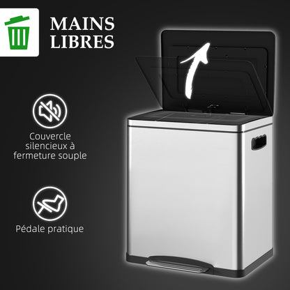 40L x 34.8W x 47.5H cm Silver 2 x 15L Pedal Trash Can with 2 Compartments, Stainless Steel with Soft-Close Lid, Removable Buckets