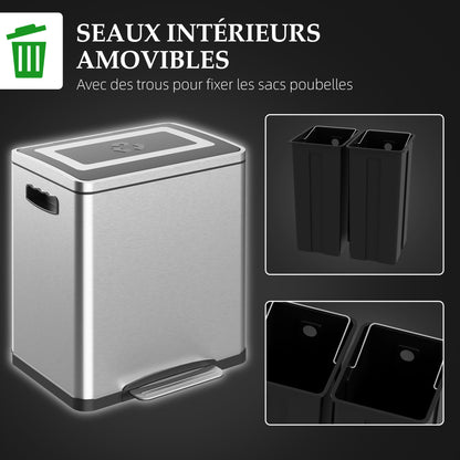40L x 34.8W x 47.5H cm Silver 2 x 15L Pedal Trash Can with 2 Compartments, Stainless Steel with Soft-Close Lid, Removable Buckets