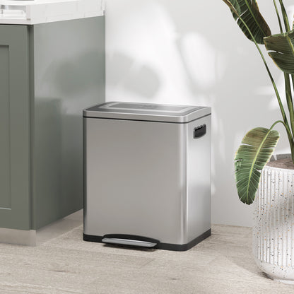40L x 34.8W x 47.5H cm Silver 2 x 15L Pedal Trash Can with 2 Compartments, Stainless Steel with Soft-Close Lid, Removable Buckets