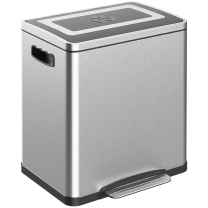 40L x 34.8W x 47.5H cm Silver 2 x 15L Pedal Trash Can with 2 Compartments, Stainless Steel with Soft-Close Lid, Removable Buckets
