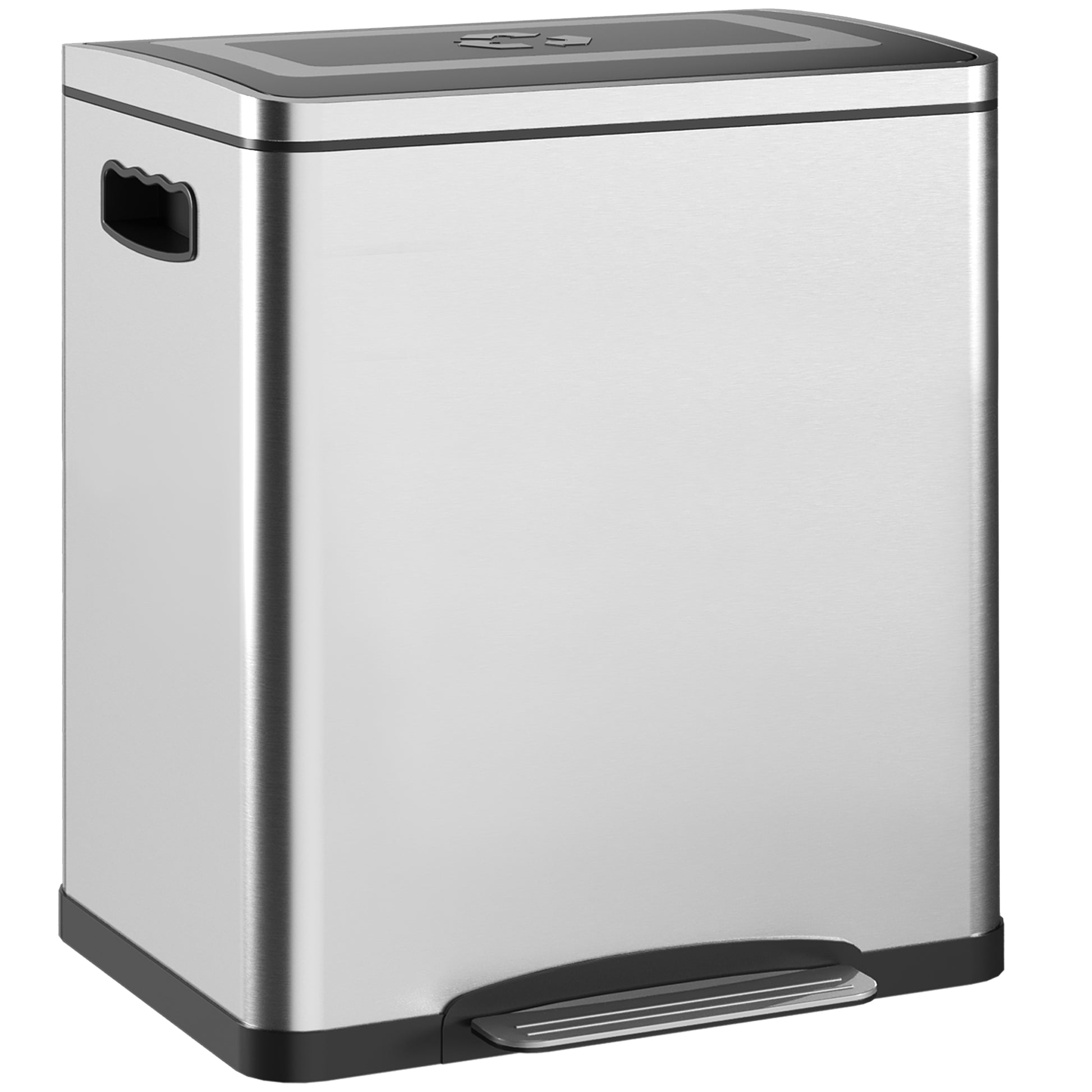 40L x 34.8W x 47.5H cm Silver 2 x 15L Pedal Trash Can with 2 Compartments, Stainless Steel with Soft-Close Lid, Removable Buckets