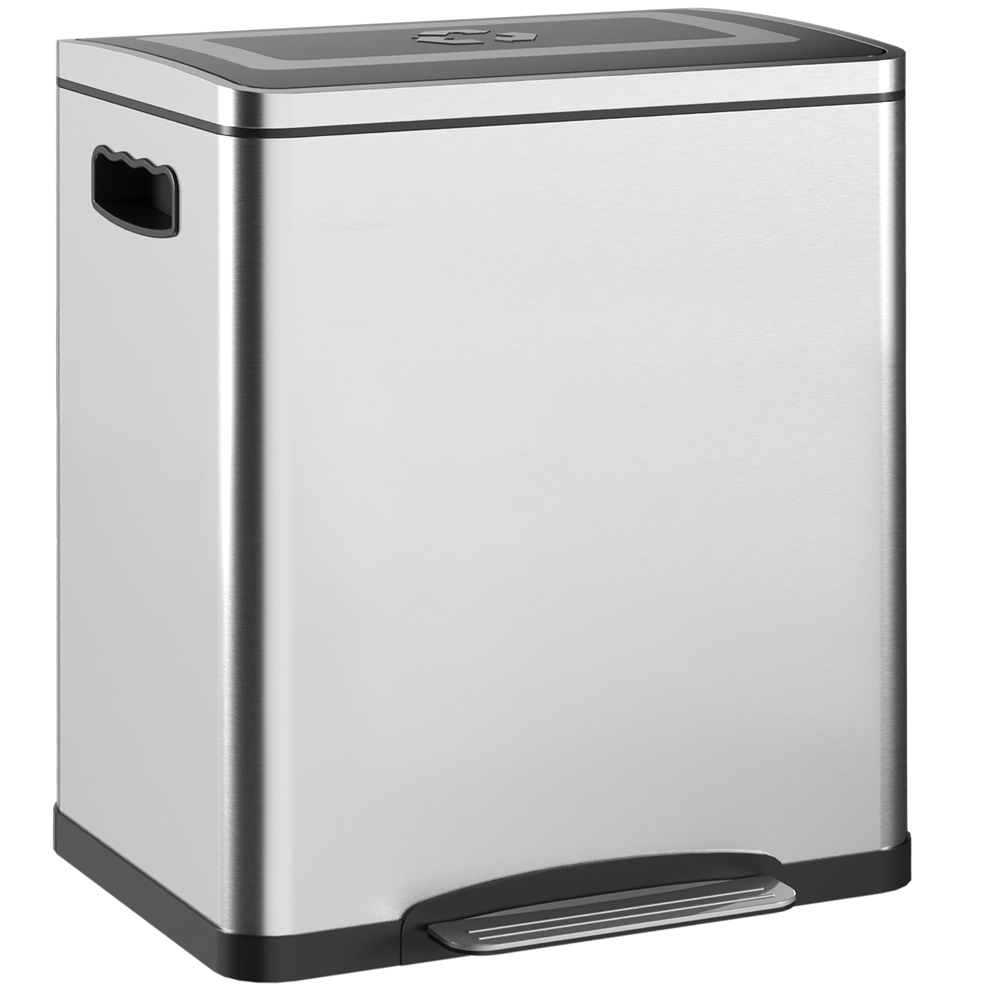 40L x 34.8W x 47.5H cm Silver 2 x 15L Pedal Trash Can with 2 Compartments, Stainless Steel with Soft-Close Lid, Removable Buckets