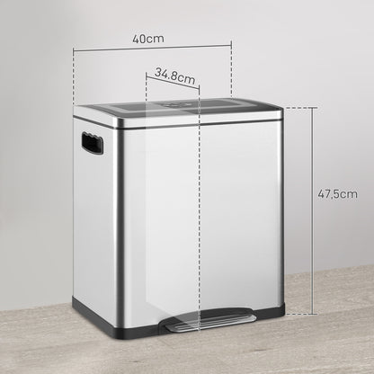 40L x 34.8W x 47.5H cm Silver 2 x 15L Pedal Trash Can with 2 Compartments, Stainless Steel with Soft-Close Lid, Removable Buckets