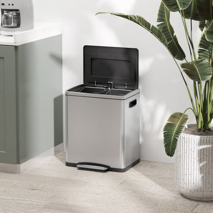 40L x 34.8W x 47.5H cm Silver 2 x 15L Pedal Trash Can with 2 Compartments, Stainless Steel with Soft-Close Lid, Removable Buckets