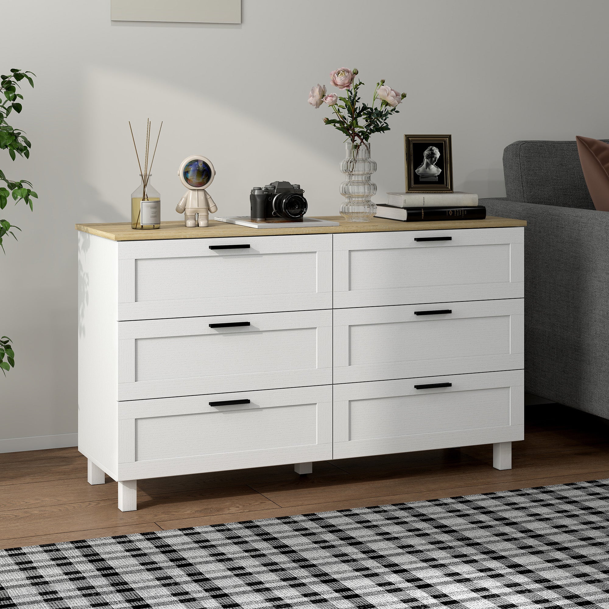 6-Drawer Dresser, Storage Cabinet with Pine Legs, Modern Style, for Bedroom, Living Room, Hallway, 47.2 x 15.0 x 28.0 in, Natural Wood & White