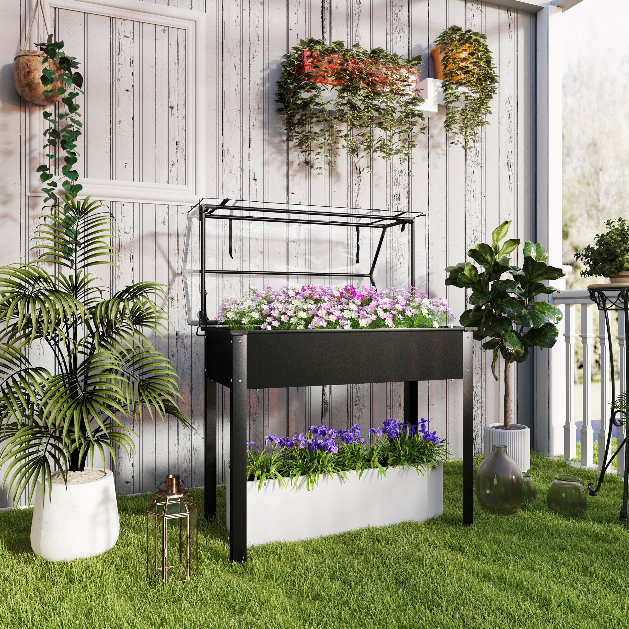 Raised Garden Bed with Cover, Elevated Herb Planter with Drainage Holes, Metal Planting Box, Weather-Resistant Vegetable Bed, Garden Bed, Planting Bed for Garden, Balcony, 100 x 48 x 124 cm, Black
