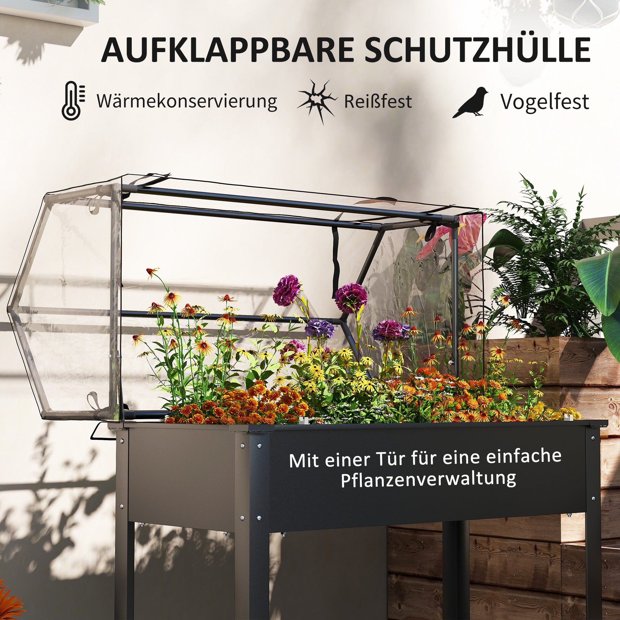 Raised Garden Bed with Cover, Elevated Herb Planter with Drainage Holes, Metal Planting Box, Weather-Resistant Vegetable Bed, Garden Bed, Planting Bed for Garden, Balcony, 100 x 48 x 124 cm, Black
