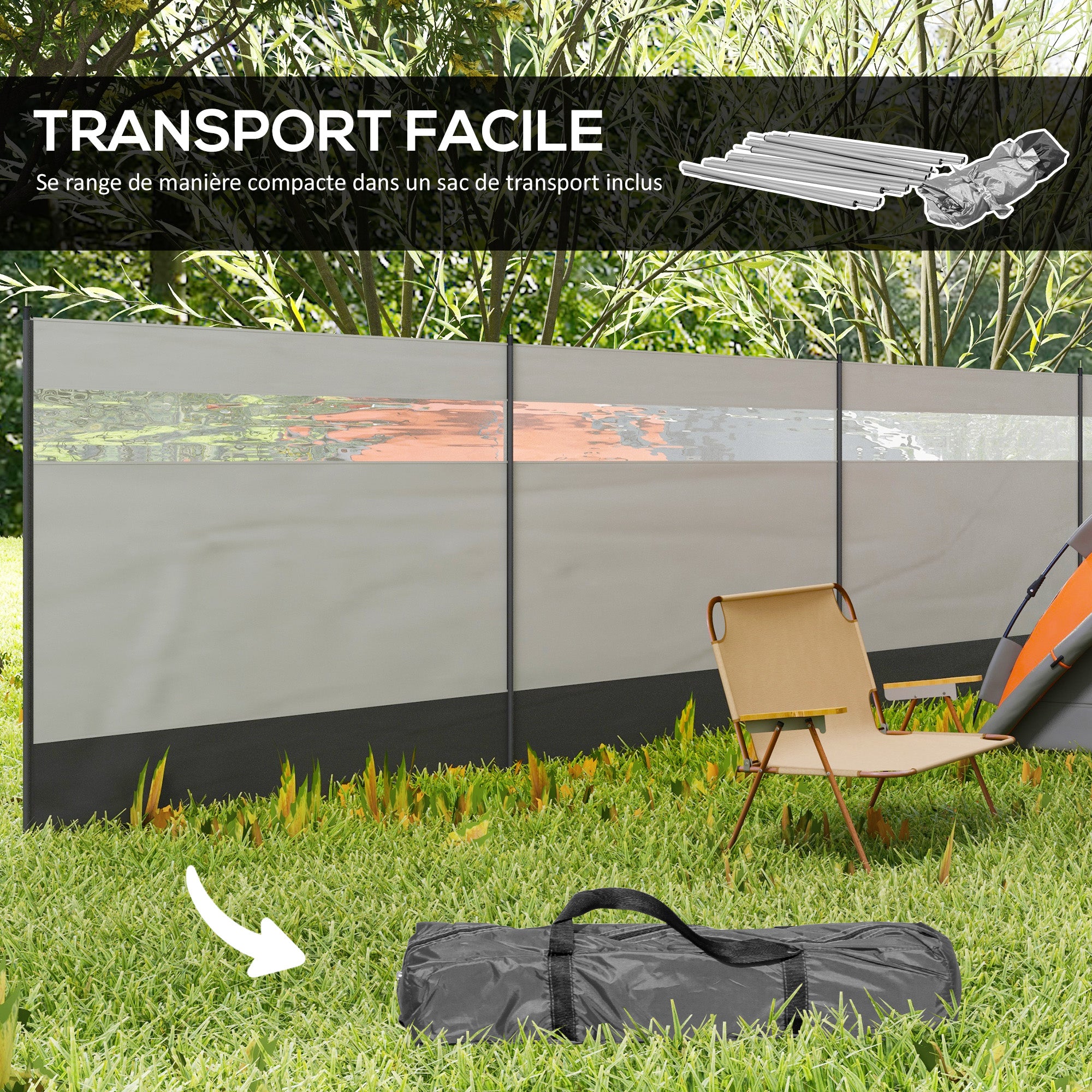 Portable Camping Windbreak Screen with Carry Bag and Steel Poles 725 x 140 cm Light Gray