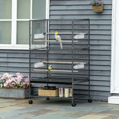 Bird Cage with Wheels Metal Birdcage with Removable Tray 4 Doors 4 Feeders 4 Perches and Storage Shelf Cage for Canaries Budgies 78x52x132 cm Dark Gray