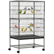 Bird Cage with Wheels Metal Birdcage with Removable Tray 4 Doors 4 Feeders 4 Perches and Storage Shelf Cage for Canaries Budgies 78x52x132 cm Dark Gray