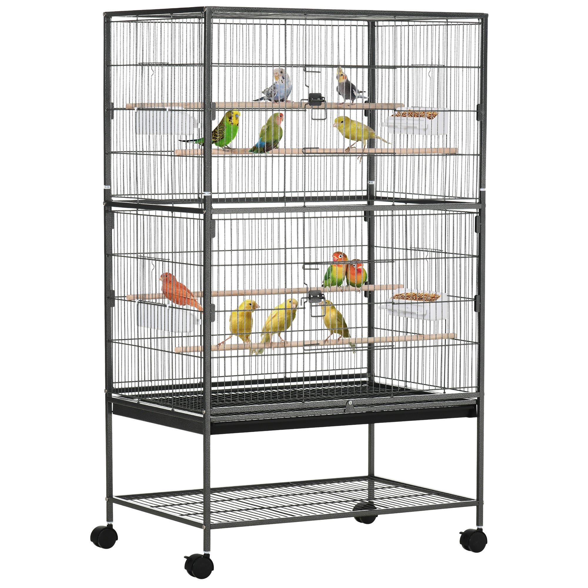 Bird Cage with Wheels Metal Birdcage with Removable Tray 4 Doors 4 Feeders 4 Perches and Storage Shelf Cage for Canaries Budgies 78x52x132 cm Dark Gray