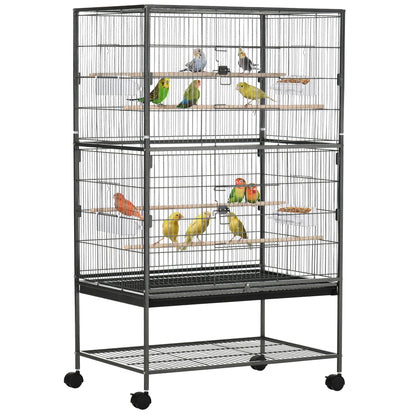 Bird Cage with Wheels Metal Birdcage with Removable Tray 4 Doors 4 Feeders 4 Perches and Storage Shelf Cage for Canaries Budgies 78x52x132 cm Dark Gray