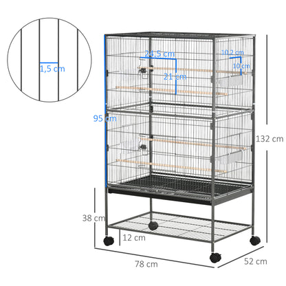 Bird Cage with Wheels Metal Birdcage with Removable Tray 4 Doors 4 Feeders 4 Perches and Storage Shelf Cage for Canaries Budgies 78x52x132 cm Dark Gray