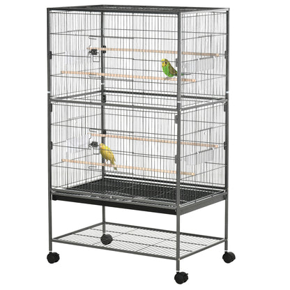 Bird Cage with Wheels Metal Birdcage with Removable Tray 4 Doors 4 Feeders 4 Perches and Storage Shelf Cage for Canaries Budgies 78x52x132 cm Dark Gray